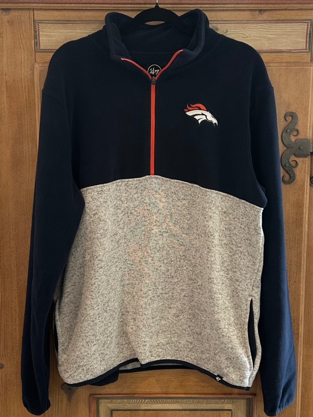 Men's - 47 - Denver Broncos Navy Blue & Grey Fleece Quarter Zip Pullover